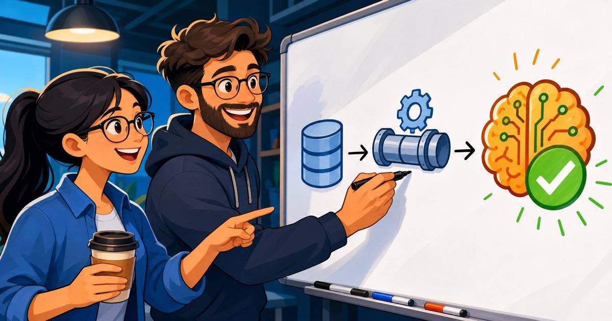 Two engineers collaborating at a whiteboard, mapping out a clean AI-ready data pipeline architecture with connected database, pipeline, and AI icons