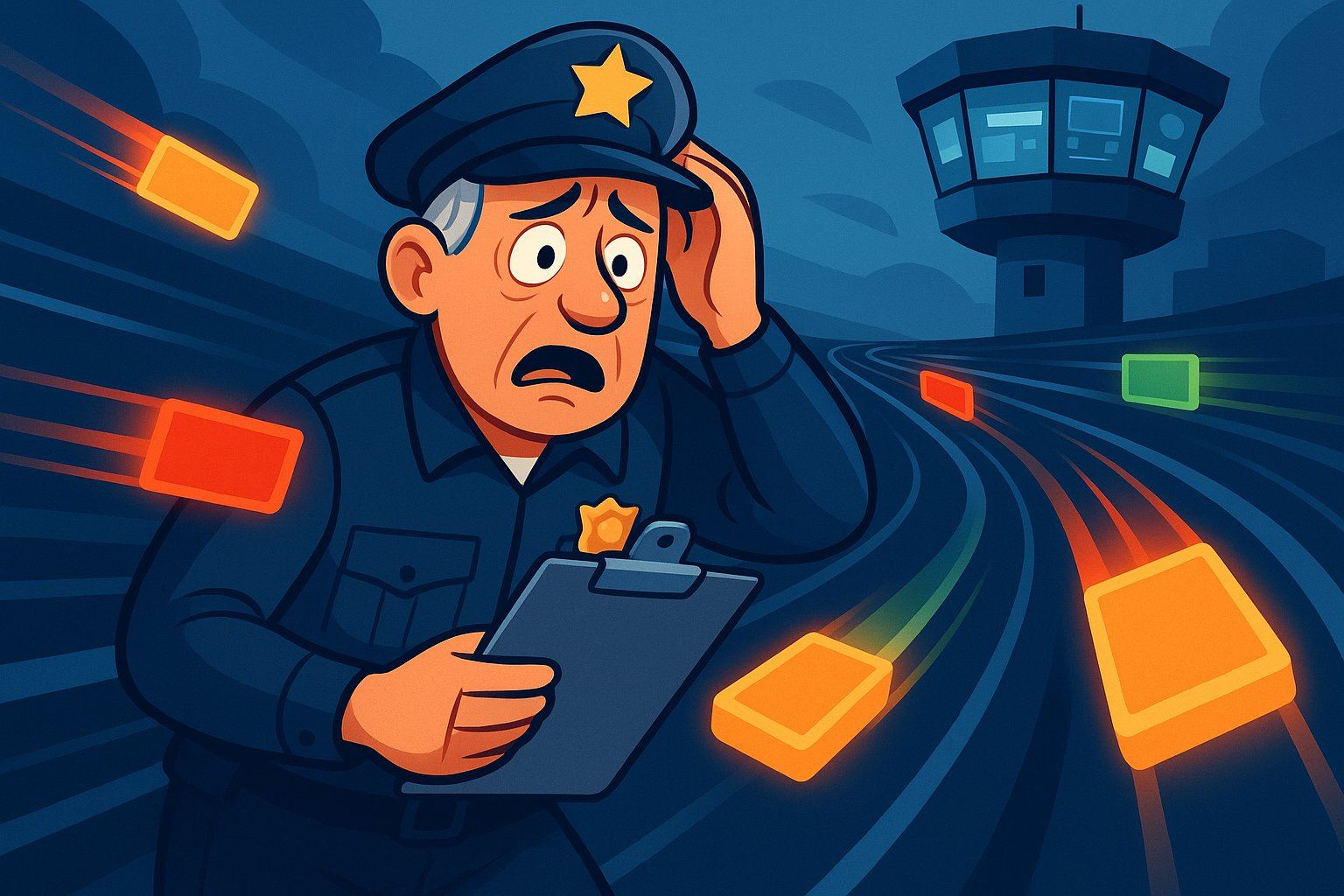 An old-fashioned security guard with a clipboard standing confused in front of a high-speed data highway