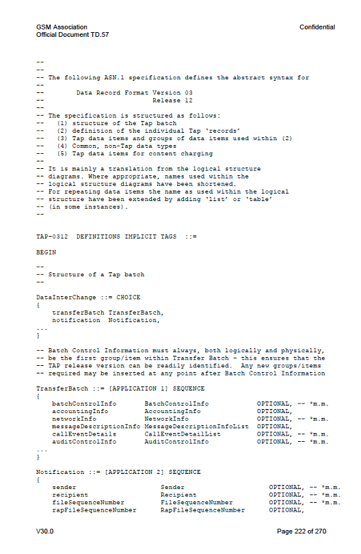 GSMA's TD.57 TAP3.11 ASN.1 Grammar Notation