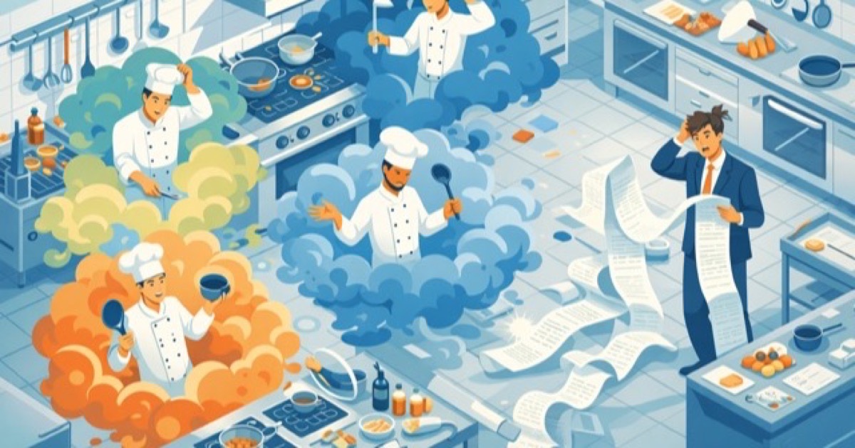 A cartoon kitchen where confused chefs appear in puffs of smoke while a manager stares at an enormous bill