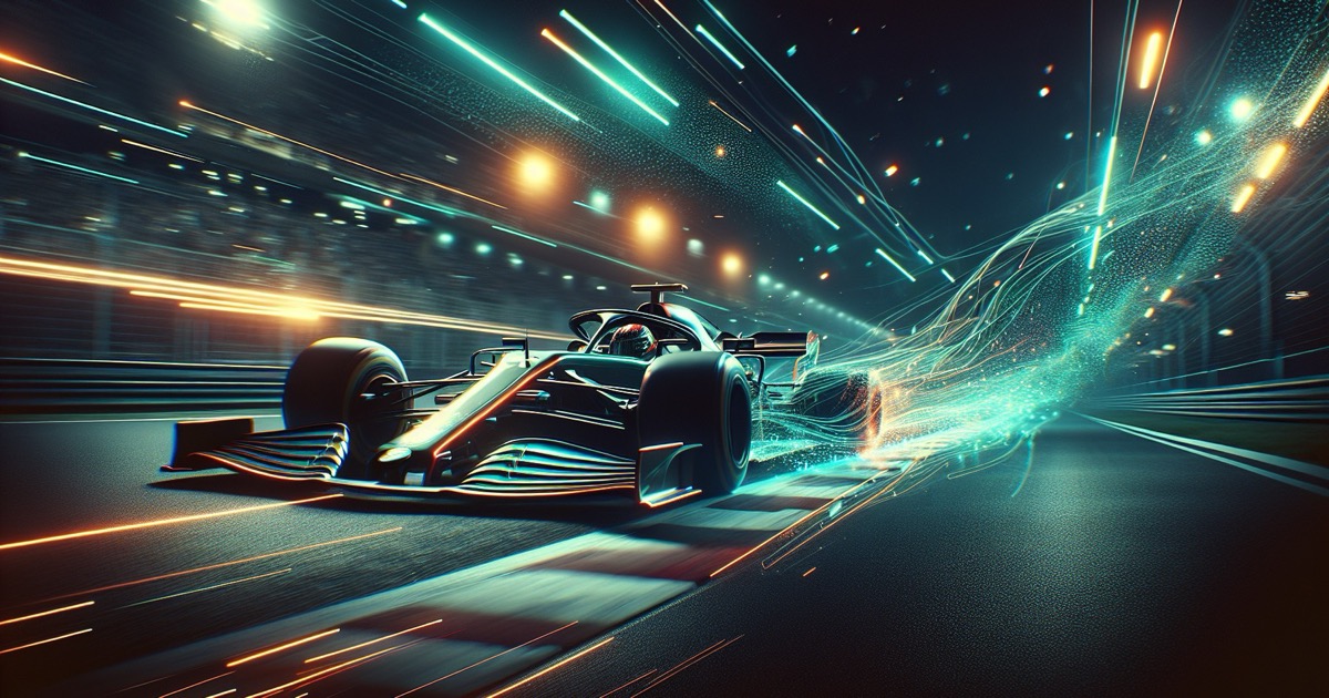 Formula 1 race car leaving a trail of streaming data
