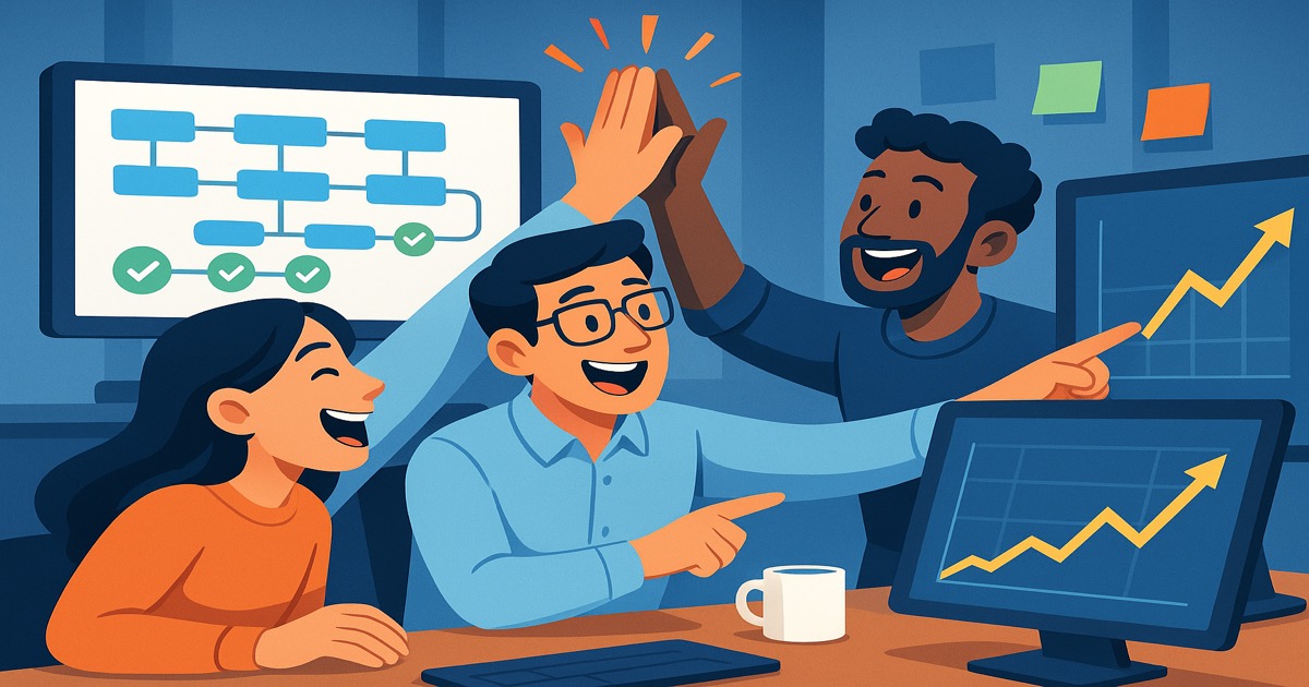 Data engineers collaborating around monitors showing AI-assisted pipeline dashboards, high-fiving while reviewing successful data flow metrics