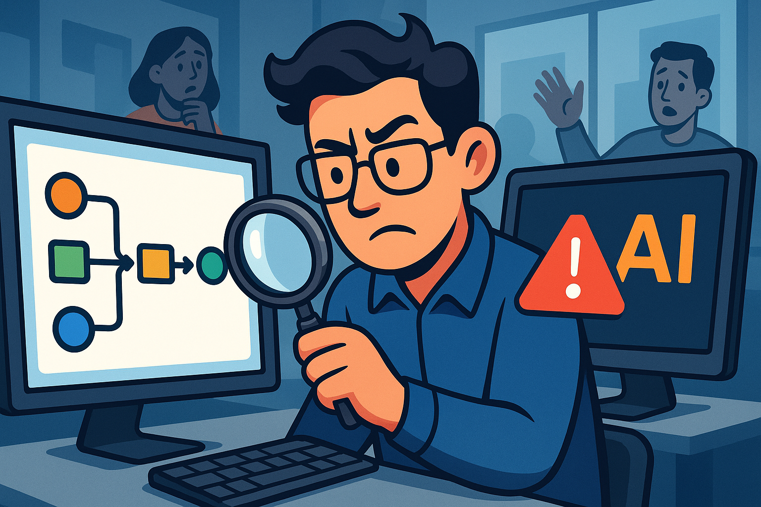 Data engineer reviewing pipeline workflow on dual monitors with AI code assistant panel open